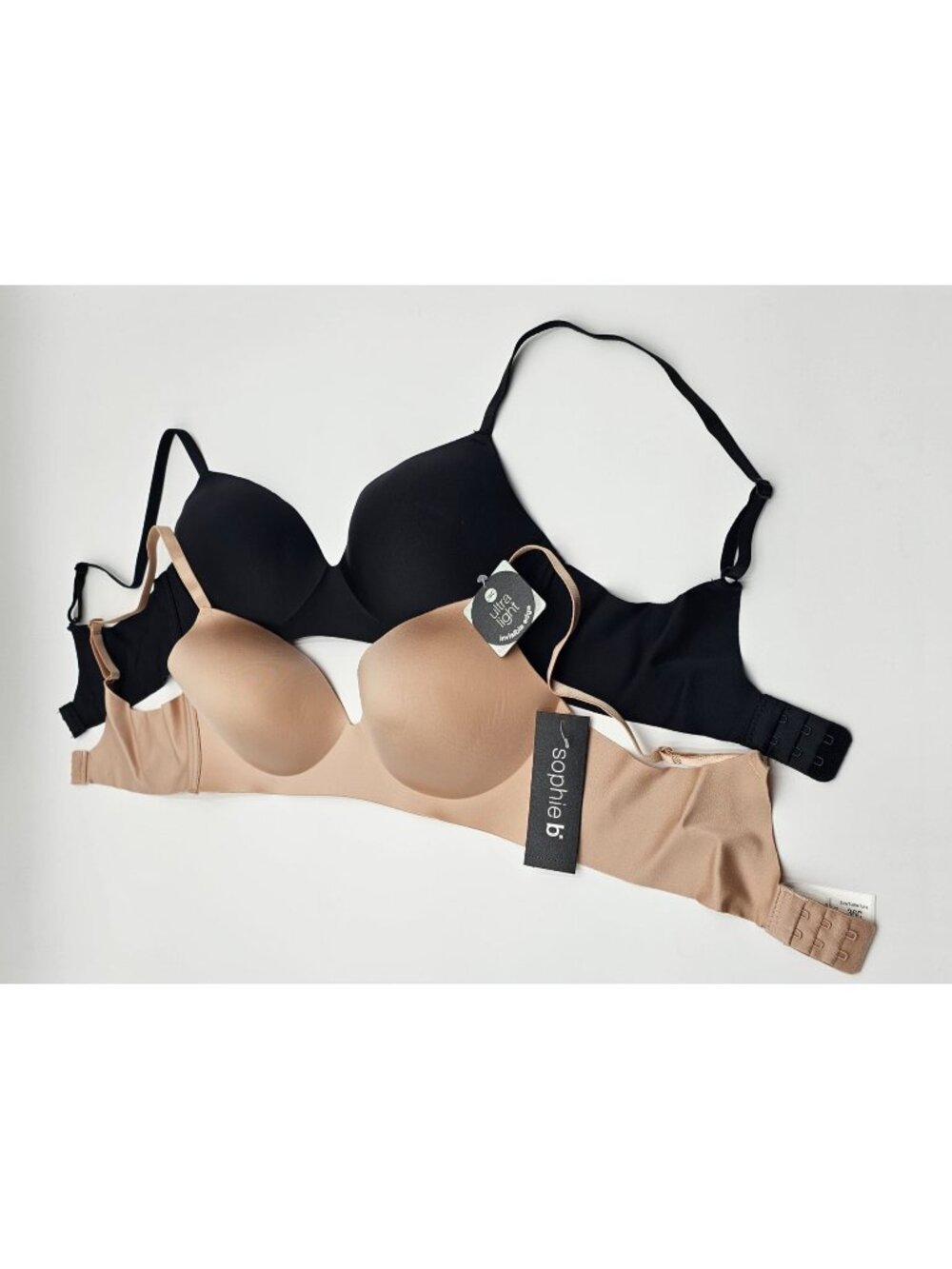 NWT Sophie B Comfort Wire-Free Bras W/Ultra-Light Invisible Edge 36C Beige/Black
